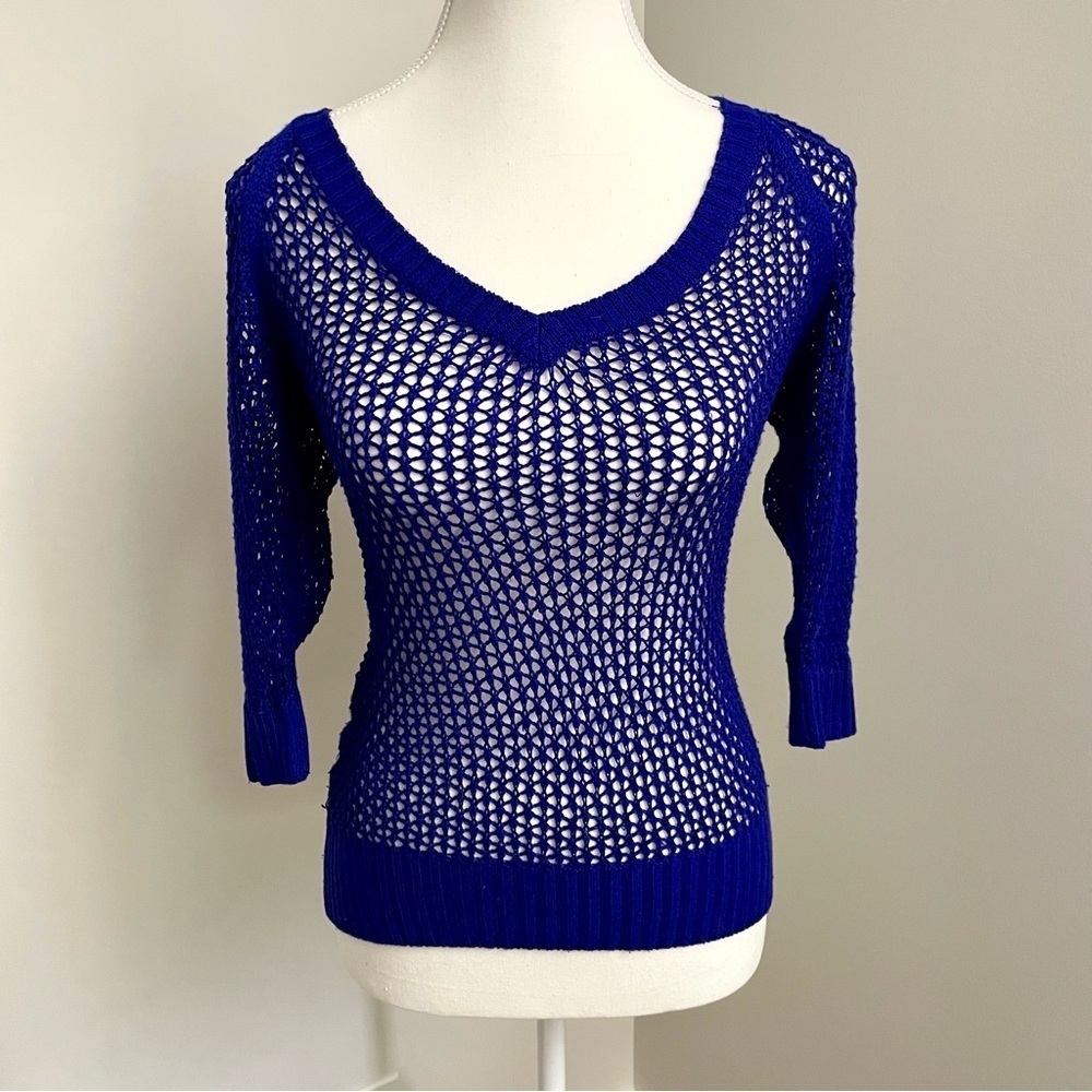 Vintage Y2K Dynamite Crochet Sheer T Shirt Cobolt Blue Size Extra Small